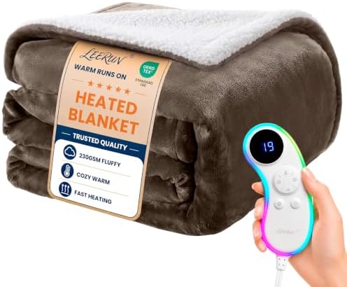 Soft Heated Blanket Full: Fluffy 220GSM Flannel Sherpa Cozy Warm 9 Heat Levels Fast Even Warmth 125.6°F and 9H Auto Off with 7 Night Light Controller - Overheat Protection - Grandma Gifts Brown