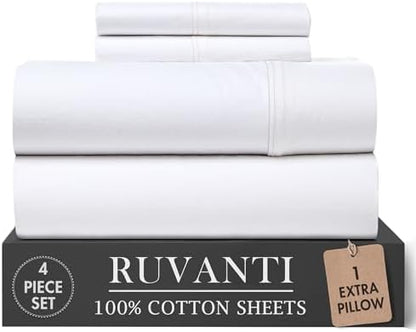 RUVANTI 100% Cotton Twin XL Sheets, Percale Weave Twin XL Set, Bright White