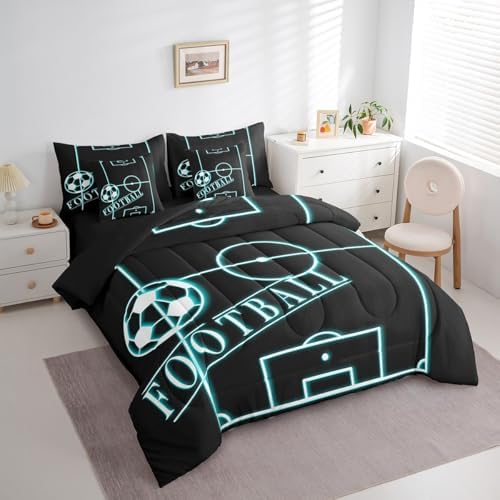 Sports Bedding King Size 7-Piece for Boys Football Comforter Set, Soccer Game Bedding Comforter Sets Black Teal Bed in a Bag, Neon Blue Football Field Bedding Accessories (Black Reversible)