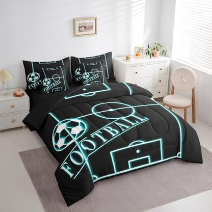 Sports Bedding King Size 7-Piece for Boys Football Comforter Set, Soccer Game Bedding Comforter Sets Black Teal Bed in a Bag, Neon Blue Football Field Bedding Accessories (Black Reversible)