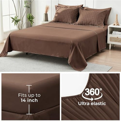 HYMOKEGE Dark Brown Queen Comforter Set Seersucker 7 Pieces, All Season Luxury Bed in a Bag Queen for Bedroom, Bedding Set with Comforter, Sheets, Pillowcases & Shams