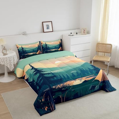 Sunset Comforter Set Twin Size,Mountain Lake Nature Scenery Bedding Set for Kids Teens Adults Room Decor,Camping Adventure Theme Duvet Insert 2Pcs,Woodland Tree Natural Green Quilt Set,1 Pillowcase