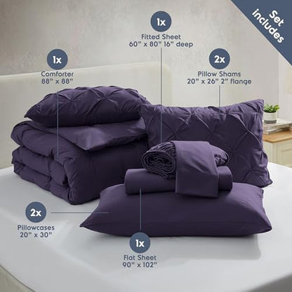 Nestl 9 Piece Queen Comforter Set – Purple Pinch Pleated Bed in a Bag – Complete Queen Size Bedding Set with Sheets, Set of 2 Cooling Pillows, Pillowcases and Shams