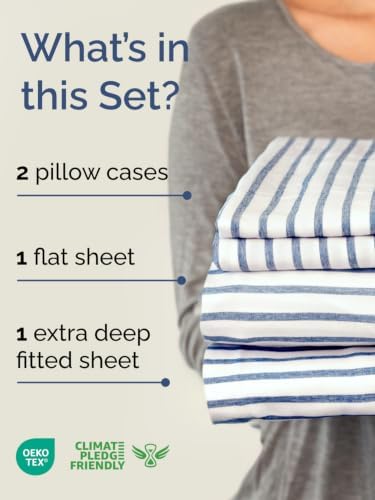Extra Deep Pocket King Size Sheet Set - Breathable & Cooling - Blue Stripes