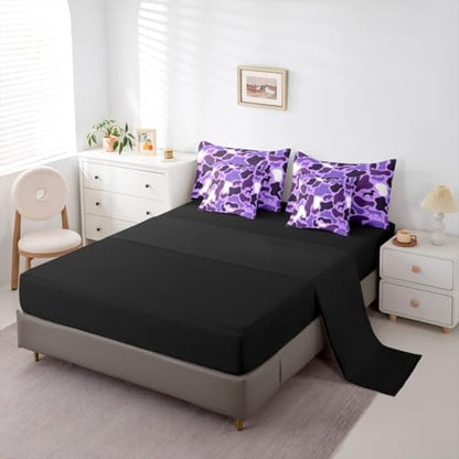 Erosebridal Camo 7 Piece Bedding Set Queen Wolf Deer Comforter Set with Sheets Retro Hound Turkey Bear Theme Bed in a Bag Army Purple Camouflage Woods for Kids Boys Girls