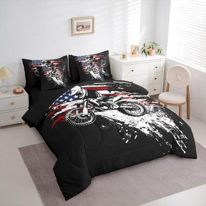 Feelyou Dirt Bike Rider Full Comforter Set with Sheets for Kids Boys Girls Splatter Print 7 Pieces Bedding Set Off-Road Racing Bed in a Bag Outdoor Sports Room Decor Motocross Art Soft Lightweight