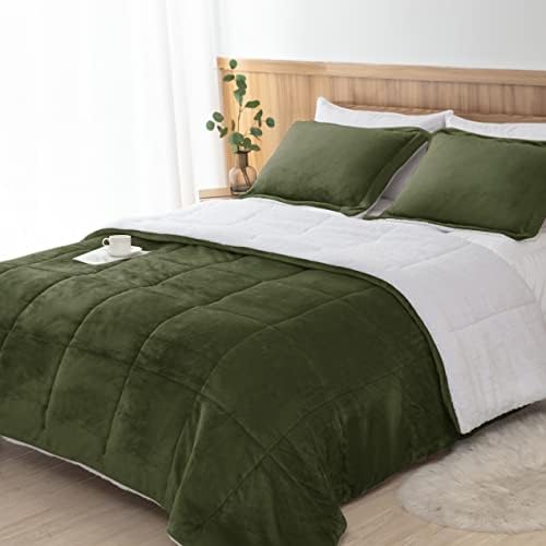 Seward Park Olive Green Sherpa Comforter Set Full Queen Size, All Season Soft Warm Fleece Fall Blanket, Winter Bedding Sets with 2 Pillow Shams