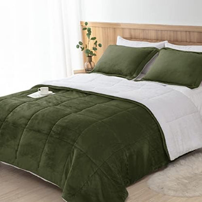 Seward Park Olive Green Sherpa Comforter Set Full Queen Size, All Season Soft Warm Fleece Fall Blanket, Winter Bedding Sets with 2 Pillow Shams