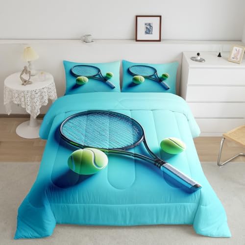 Castle Fairy Tennis Racket Bedding Set King Size Modern Fashion Sports Comforter for Child Teens Tennis Ball Gaming Down Comforter Sport Competition Duvet Insert with 2 Pillowcases