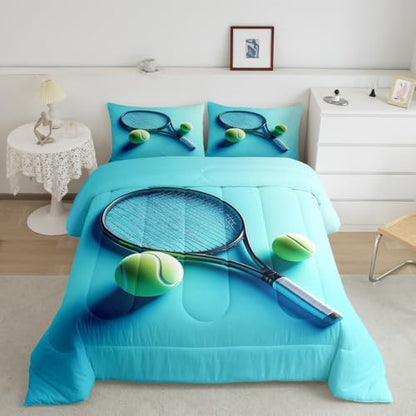 Castle Fairy Tennis Racket Bedding Set King Size Modern Fashion Sports Comforter for Child Teens Tennis Ball Gaming Down Comforter Sport Competition Duvet Insert with 2 Pillowcases