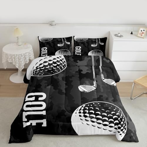 Erosebridal Golf Print Bedding Comforter Sets Black Camo Bedding Set Full Kids Boys Teens Camouflage Duvet Insert Sports Themed Quilted Comforter,Golf Balls Gaming Bedding 3pcs Soft Microfiber Bed Set