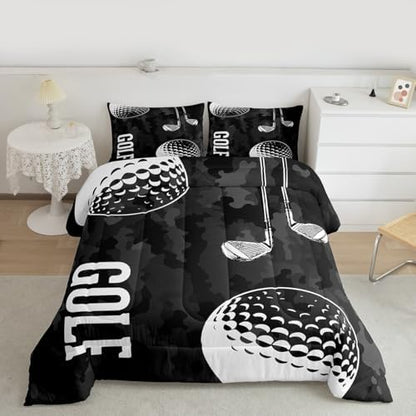Erosebridal Golf Print Bedding Comforter Sets Black Camo Bedding Set Full Kids Boys Teens Camouflage Duvet Insert Sports Themed Quilted Comforter,Golf Balls Gaming Bedding 3pcs Soft Microfiber Bed Set