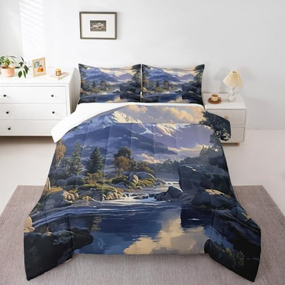Lake House Comforter Set Twin Size,Snowmountain River Nature Scenery Bedding Set for Kids Boys Girls Room Decor,Camping Adventure Quilt Set 2Pcs,Natural Mountain Tree Duvet Insert,1 Pillowcase