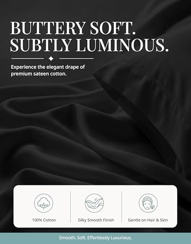 450TC 100% Cotton Split King Sheets - Silky Smooth Sateen Weave, Black