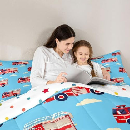 Erosebridal Cartoon Fire Truck Bedding Set Toddler, Red Firemen Car Comforter Set, White Cloud Blue Sky Comforter for Kids Men Teens Boys Room Decor, Fire Engine Quilt with 1 Pillowcase, Microfiber