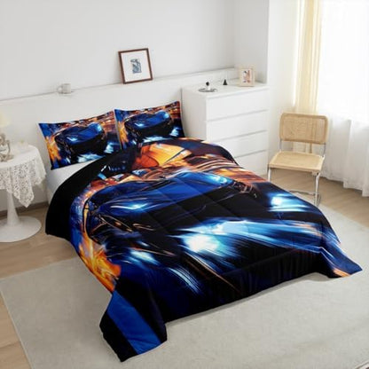 Erosebridal Kids Boys Sports Bedding Set - King Size Blue Race Car Comforter Set for Kids Teens Room Decor - Extreme Sports Theme Bed Set - Cool Speed Luxury Car Decor Quilt Set - Soft for All Season