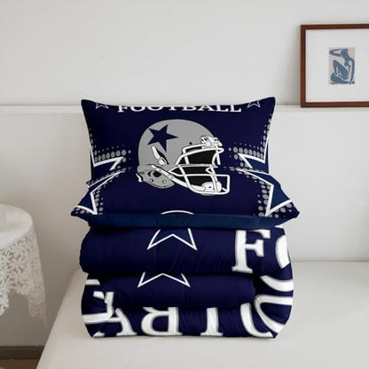 American Football Comforter Set Full Size Rugby Helmets Bedding Set 3pcs for Kids Boys Teens Men Bedroom Decor Ball Sports Gaming Quilted Duvet Modern Grey Stars Print Duvet Insert,Navy Blue