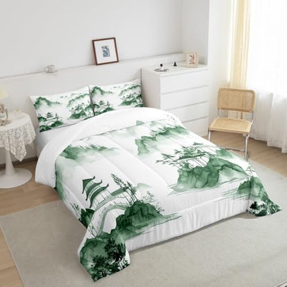 Oriental Culture Comforter Set Queen Size,Chinese Style Abstract Art Bedding Set for Kids Girls Boys Adults Room Decor,Ink Painting Mountain Duvet Insert 3Pcs,Tie Dyeing Quilt Set,2 Pillowcases