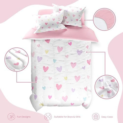 SANDJEST Heart Comforter Set Twin Size 68x86in for Kids Girls, Microfiber 3 Pcs Bedding Set Includes 1 Comforter, 1 Pillowcase, 1 Fitted Sheet, Nursery Room Decor