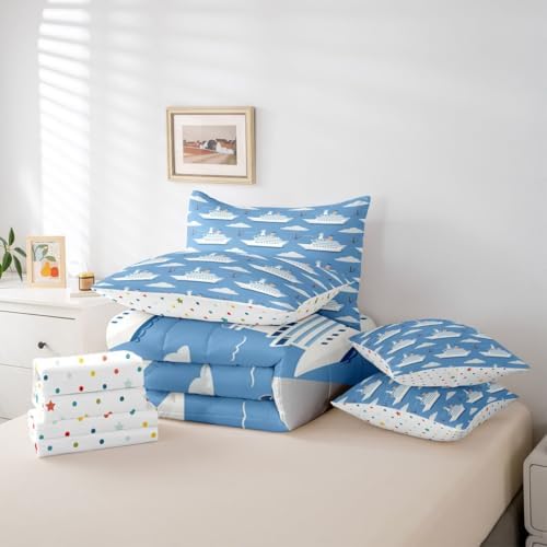 Erosebridal Boys Nautical Sailboat Queen Bed in A Bag, Ocean Ship Comforter Set with Sheets, Boat Anchor 7-Piece Bedding Set, White Cloud Blue Sky Nautical Bed Sets for Kids Teens Youth Men Bedroom