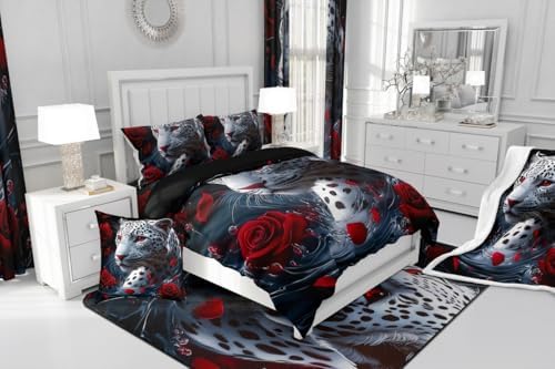 jejeloiu Leopard Comforter Set Full Size Kids Cheetah Print Rose Bedding Set for Boys Girls Teens Wild Animal Duvet Breathable Safari Quilt Bedroom Decor,1 Comforter with 2 Pillowcase