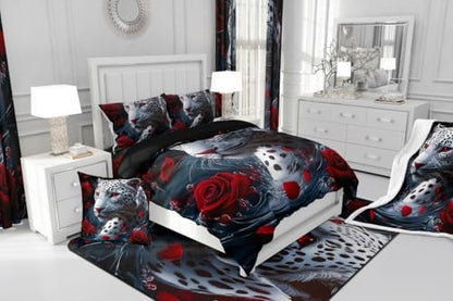 jejeloiu Leopard Comforter Set Full Size Kids Cheetah Print Rose Bedding Set for Boys Girls Teens Wild Animal Duvet Breathable Safari Quilt Bedroom Decor,1 Comforter with 2 Pillowcase