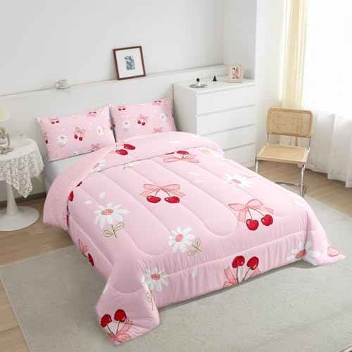 Pink Bowknot Girly Comforter Set Queen Size,Bow Daisy Flowers Plant Cute Bedding Set,Girls Women Room Decor,Cherry Bow Tie Princess Castle Down Comforter,Pink Romantic Duvet Insert,2 Pillowcases