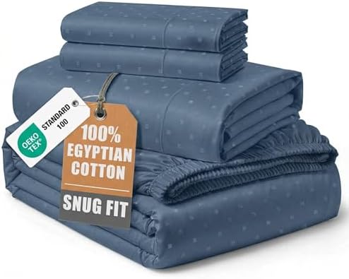 LANE LINEN 100% Egyptian Cotton Bed Sheets Queen - Estate Blue Swiss Dot