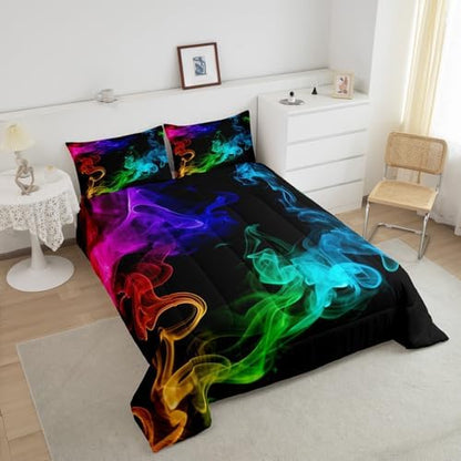 Erosebridal Psychedelic Smoke Comforter Set King,Rainbow Smoke Bedding Set Trippy Smoky Down Comforter for Kids Boys Girls Teens,Abstract Grunge Teal Blue Quilt Duvet Set Bedroom Decor 3 Pcs