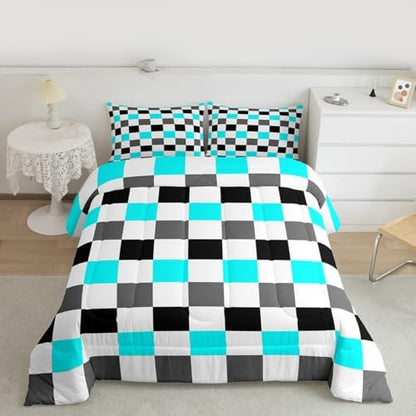 Feelyou Checkered Geometric Bedding Set for Boys Girls Teal Grey Black Plaid Comforter Set King Size Checkerboard Modern Aesthetic Duvet Quilt Reversible Grey Bedroom Decor 3 Pcs with 2 Pillow Cases