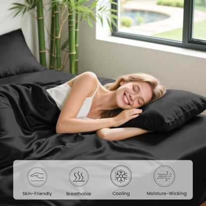 Love's cabin 4 Piece King Size Sheet Set, 100% Rayon Derived from Bamboo, Cooling & Breathable, Soft Silky Deep Pocket up to 16", Hotel Luxury Bedding for Hot Sleepers, Black