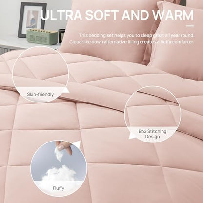 Love's cabin King Size Comforter Set Pink, 7 Pieces King Bed in a Bag, All Season Bedding Sets with 1 Comforter, 1 Flat Sheet, 1 Fitted Sheet, 2 Pillowcase and 2 Pillow Sham