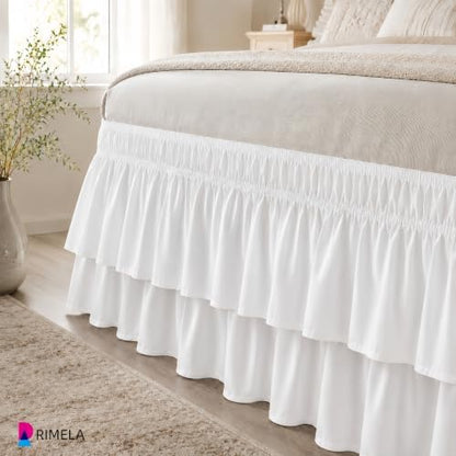 RIMELA Ruffle Bed Skirt Warm White Queen 15 Inch Drop, Elastic Wrap Around Bed Skirting Queen Size, Easy to Install Dust Ruffle, Machine Washable Soft Fabric, Multi Ruffle Bedskirt