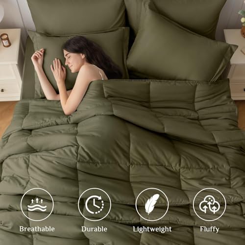 JOLLYVOGUE Twin Comforter Set, Ultra-Soft Bed in a Bag Twin Size 5 Pieces, Oeko-TEX Certified Bedding Set with Down Alternative Comforter, Sheets, Pillowcases & Shams, Olive Green