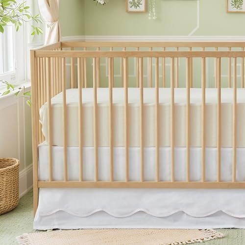 Brandream Scallop Edge Cotton Crib Skirt Toddler Bedskirt Baby Nursery Crib Bed Skirt Double Layer Boho Bohemian Neutral Solid Color Cream Off White Crib Bedding Skirt