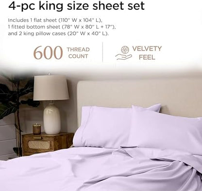 Threadmill 600 Thread Count Cotton King Sheet Set, Sateen, Lilac, 4-Piece