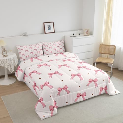 Feelyou Pink Bow Bedding Set for Kids Girls Woman Twin Size Cute Coquette