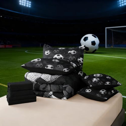 Erosebridal Soccer Comforter Full Size - Football Bedding Sets with Sheets for Boys Teens Sport Themed Bed in A Bag, 3D Ball Gaming Bed Set Bedroom Decor, Black Gray Grunge Room Decor 7Pcs