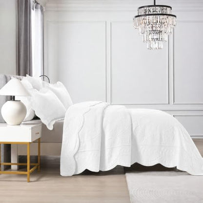 100% Cotton Embroidered Quilt Bedspread Set, Bright White, Oversized King