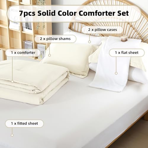 weigelia Queen Comforter Set with Sheets - Ivory 7 Piece Bed in a Bag Queen