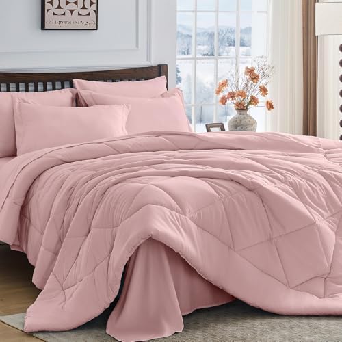 HEVUMYI 7-Piece King Comforter Set, Dusty Pink Bed in a Bag