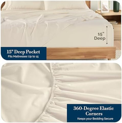 Casa Platino Twin XL Bed Sheets – Breathable 4 Piece Percale Cooling Twin XL Sheets with Crisp Feel, with 15 Inch Deep Pocket Fitted Sheet, Ultra Soft & Cozy Feel, Fit – Ivory
