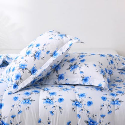 Mooreeke Floral Full Size Comforter Sets, Gradient Blue Flower Patterned Bed in a Bag for All Seasons, 3-Piece Farmhouse Rustic Bedding Set with Fluffy Quilted Reversible Comforter & 2 Pillow Shams