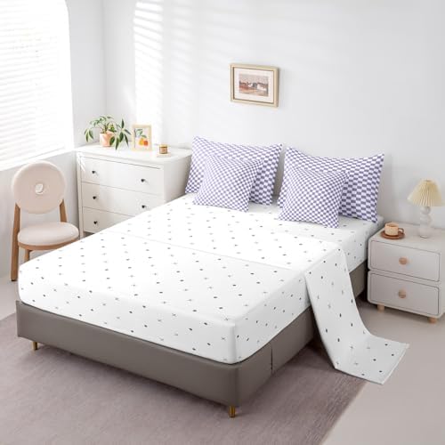 jejeloiu Purple and White Bedding Set 7Pcs King Size Kids Plaid Checkered Comforter Set with Sheets for Boys Girls Classic Grid Buffalo Check Bed in a Bag Soft Lightweight,Microfiber