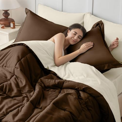 JOLLYVOGUE Oversized King Comforter Set, Ultra-Soft Bed in a Bag 7 Pieces, Oeko-TEX Certified Bedding Set with Down Alternative Comforter, Sheets, Pillowcases & Shams, Brown & Beige