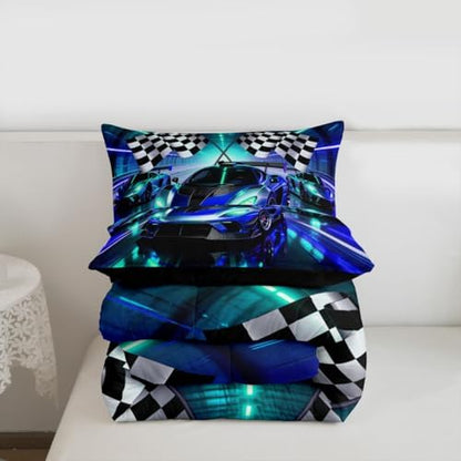 Feelyou Boys Race Car Bedding Set Soft for Boys Girls, Sports Racing Car Comforter Set Queen Size Extreme Sports Duvet Quilt Microfiber Automobile Bedroom Decor Buffalo Check 3 Pcs with 2 Pillow Cases