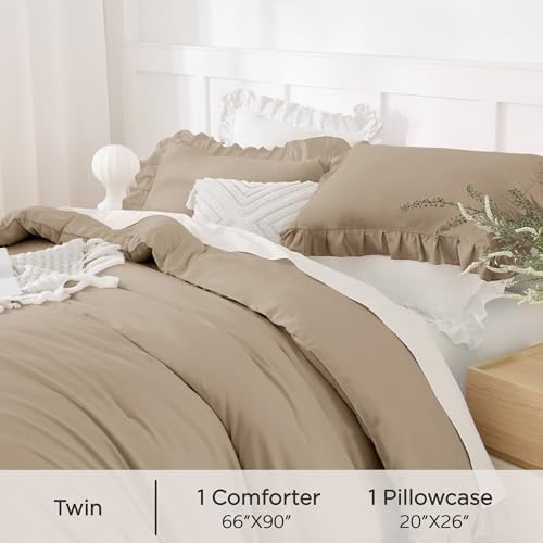 Andency Taupe Ruffle Comforter Twin Size, 2 Pieces Soft Bed Set