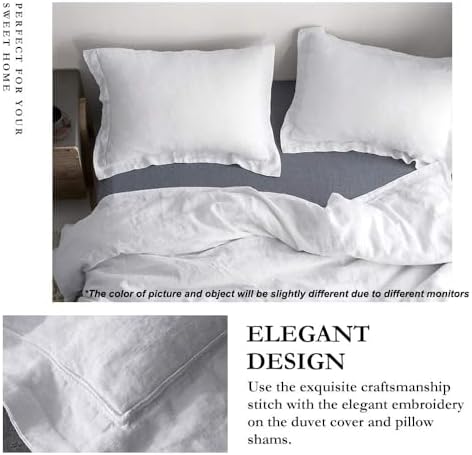 Simple&Opulence 100% Linen Duvet Cover Set with Embroidery Border Washed - 3 Pieces (1 Duvet Cover with 2 Pillow Shams) with Button Closure Soft Breathable Farmhouse - White, Full Size