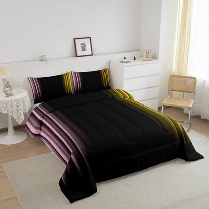Feelyou Teens Abstract Ombre Decorations Bedding Set for Kids Women Pink Yellow and Black Comforter Set Geometric Modern Quilt Set Room 3Pcs Queen Size