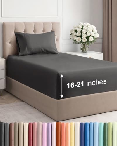 Extra Deep Pocket Twin Size Sheet Set - Breathable & Cooling - Charcoal